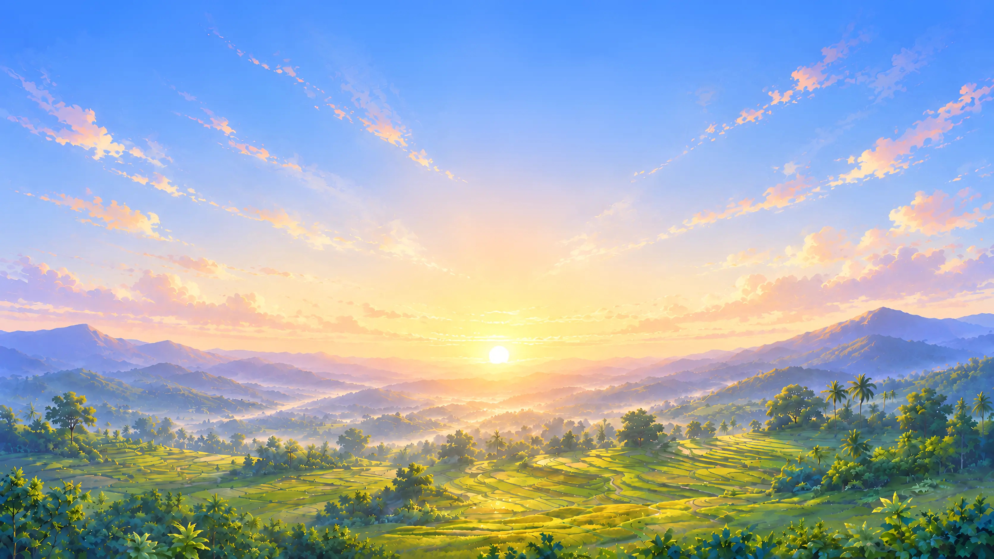 Pleasant sunrise from a farm in digital art style